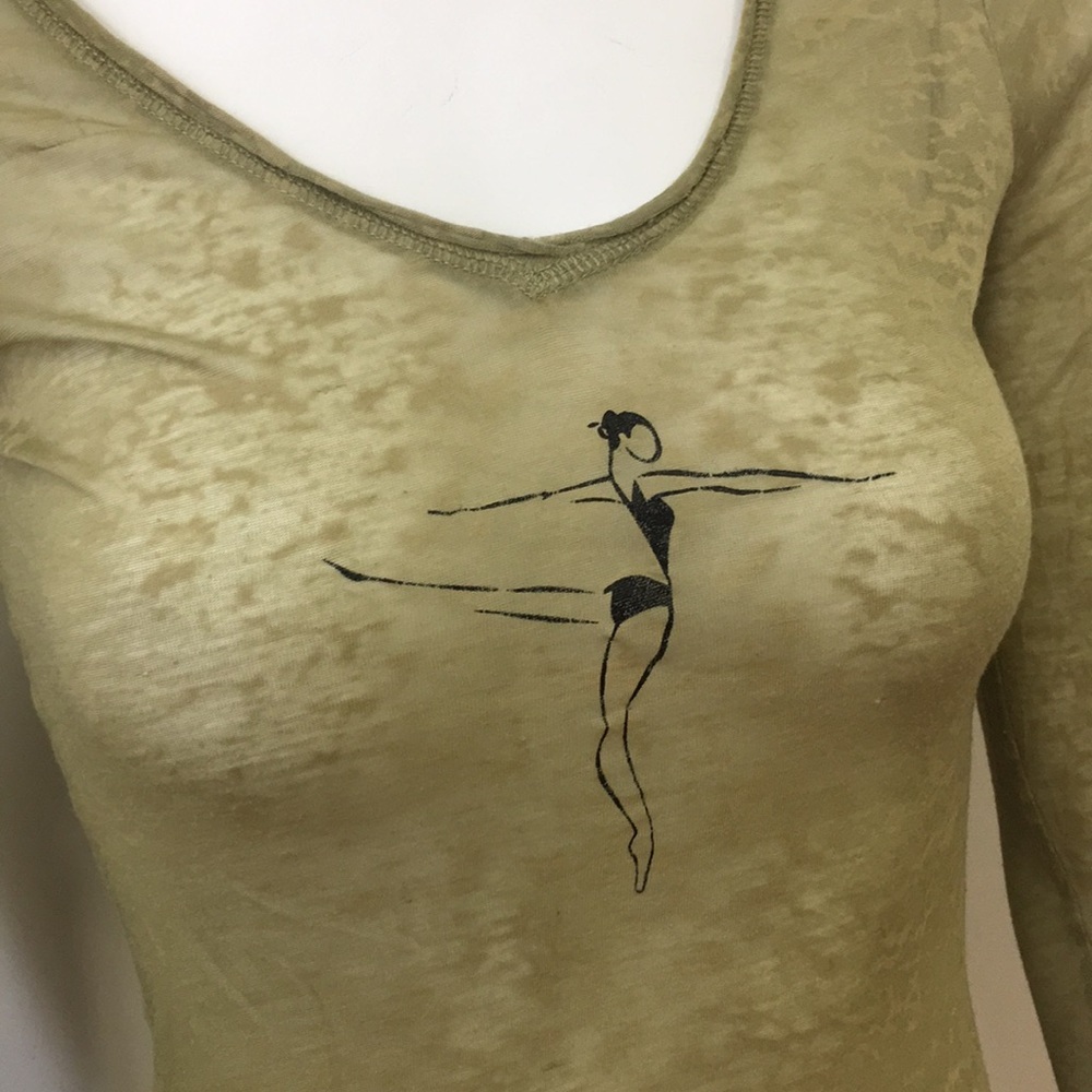 KAVIO Olive Green Sheer Burnout Long Sleeve Dancer Graphic Top Size M Y2K Ballet - Picture 3 of 3